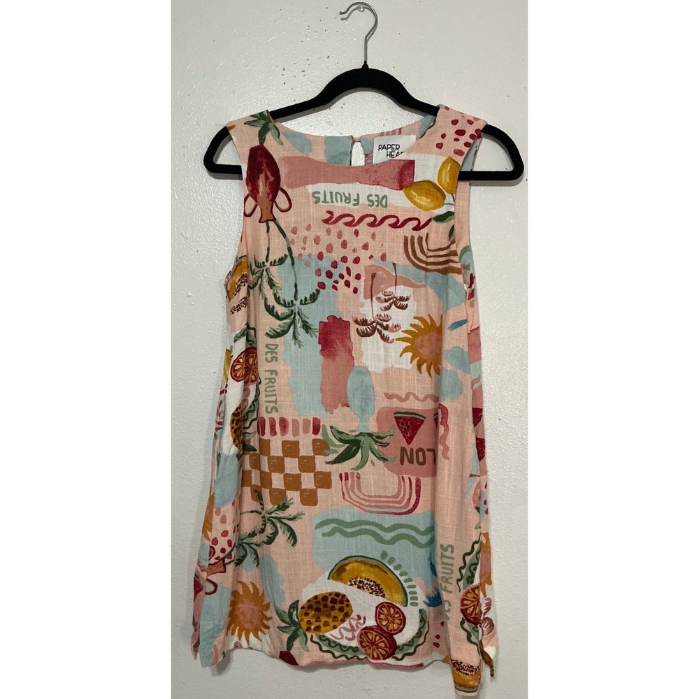 Paper Heart Linen Blend Fruit Print Sleeveless‎ Dress XS Vacation Resort Pockets